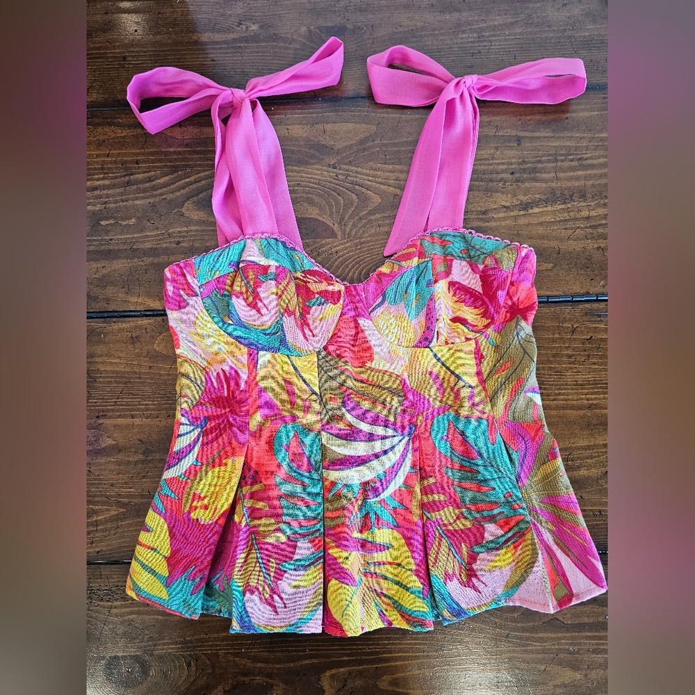 Vibrant Tropical Print Women's Blouse/Tank/Camisole W/Pink Straps Sz Med.  NWT